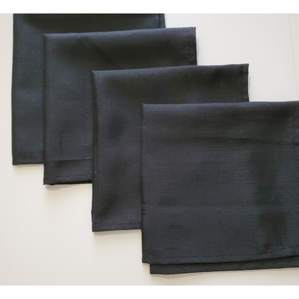Cloth Napkins 4 Solid Black Polyester Jaquard Hemmed 18x17.75" Washable Classic
